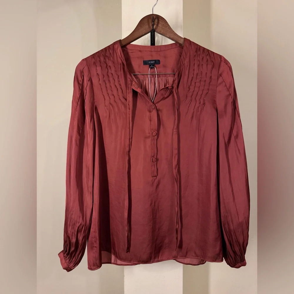 NWOT J.Crew Women's Featherweight Satin Tie-Neck Top - Picture 4 of 9